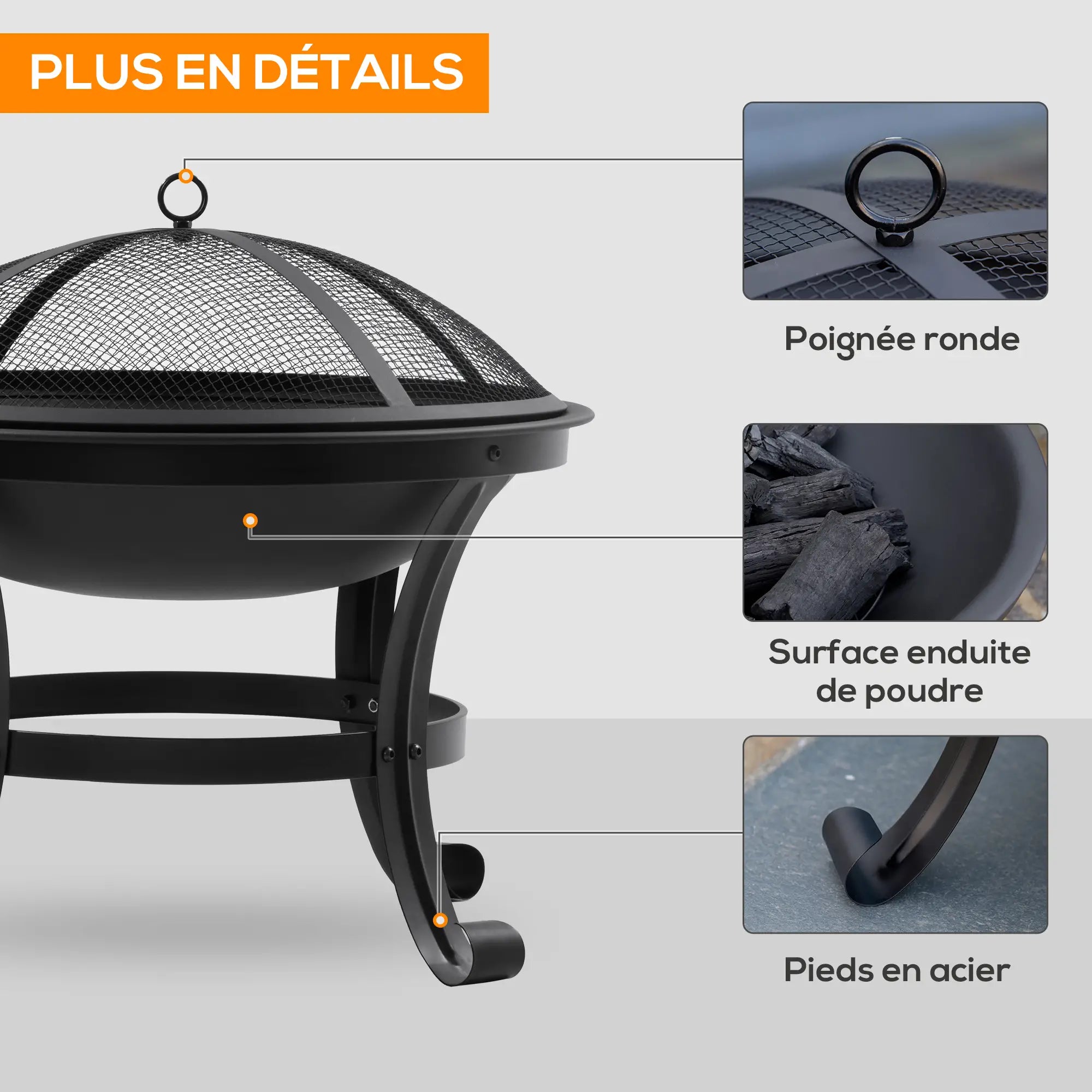 Brasero Cheminée Luna – Foyer Rond avec Pare-étincelles et Tisonnier
