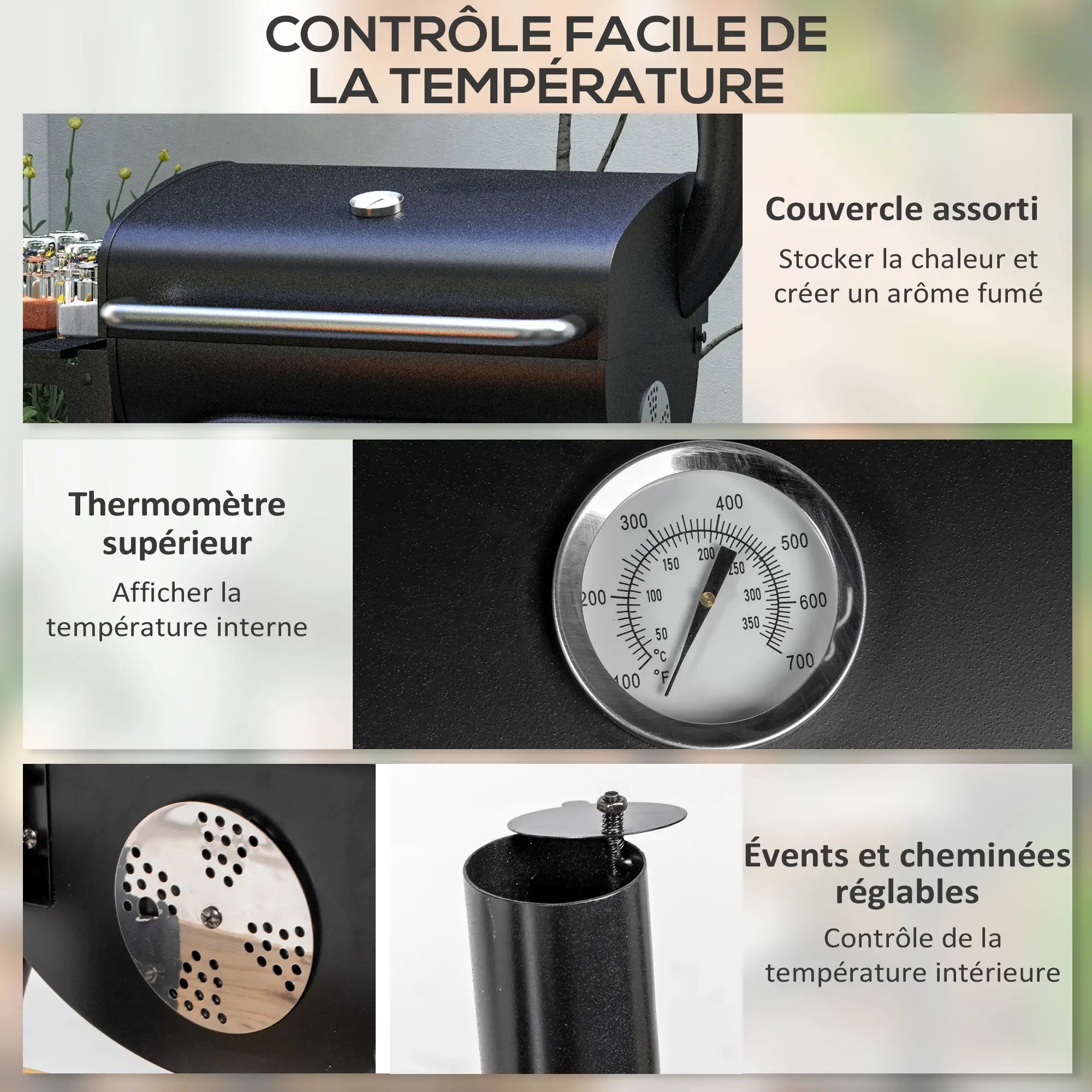 Barbecue Charbon Titanus – Chariot de Cuisson avec Thermomètre, Étageres et Roulettes