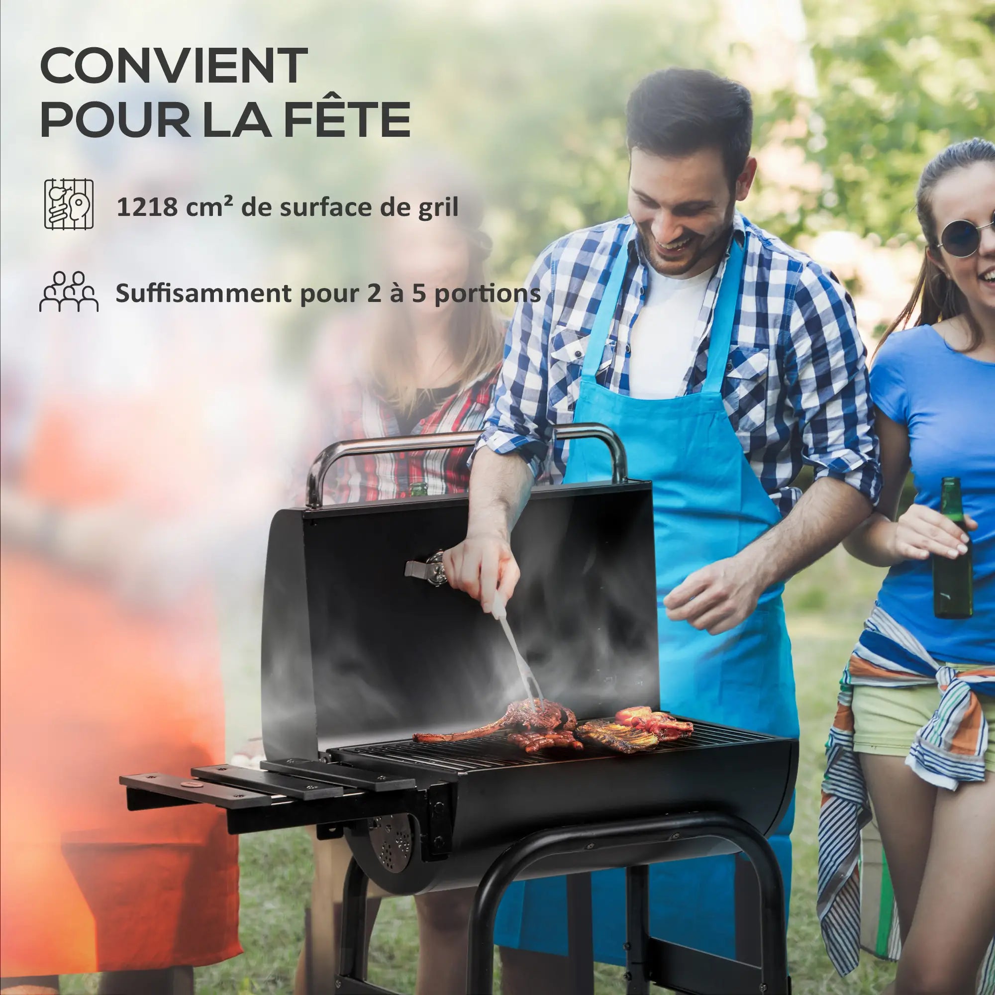 Barbecue Charbon Titanus – Chariot de Cuisson avec Thermomètre, Étageres et Roulettes